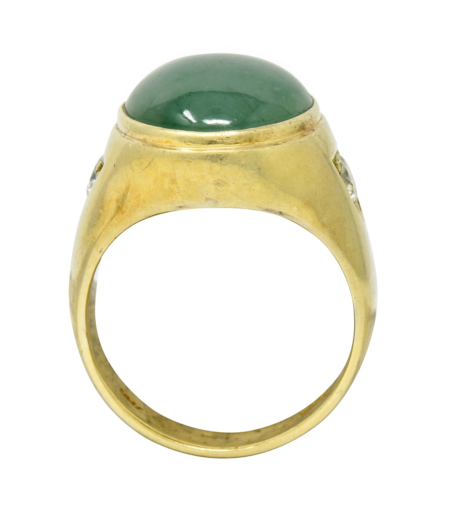 Retro Jadeite Jade Diamond 14 Karat Gold Unisex Cabochon Ring GIA