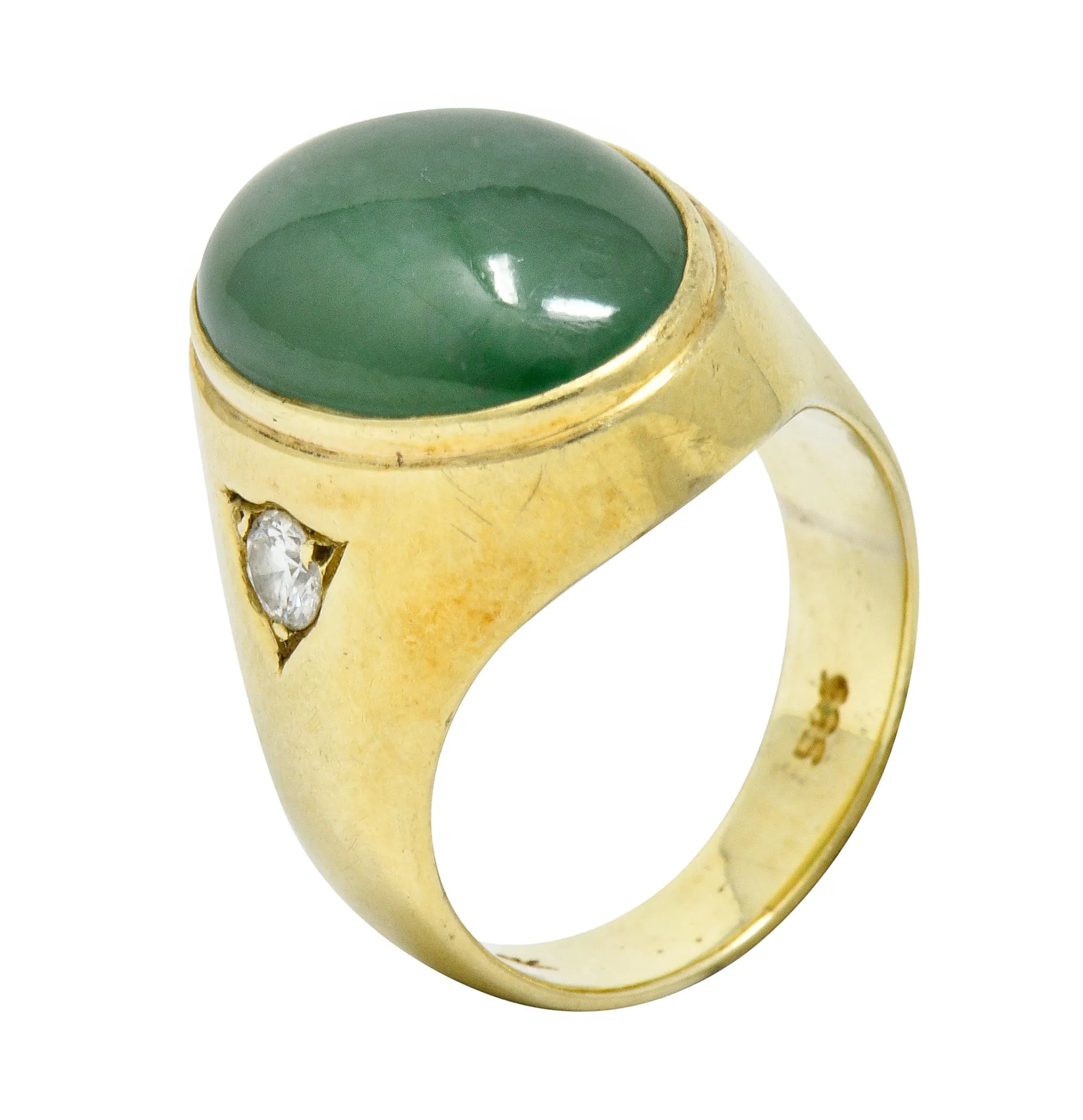 Retro Jadeite Jade Diamond 14 Karat Gold Unisex Cabochon Ring GIA