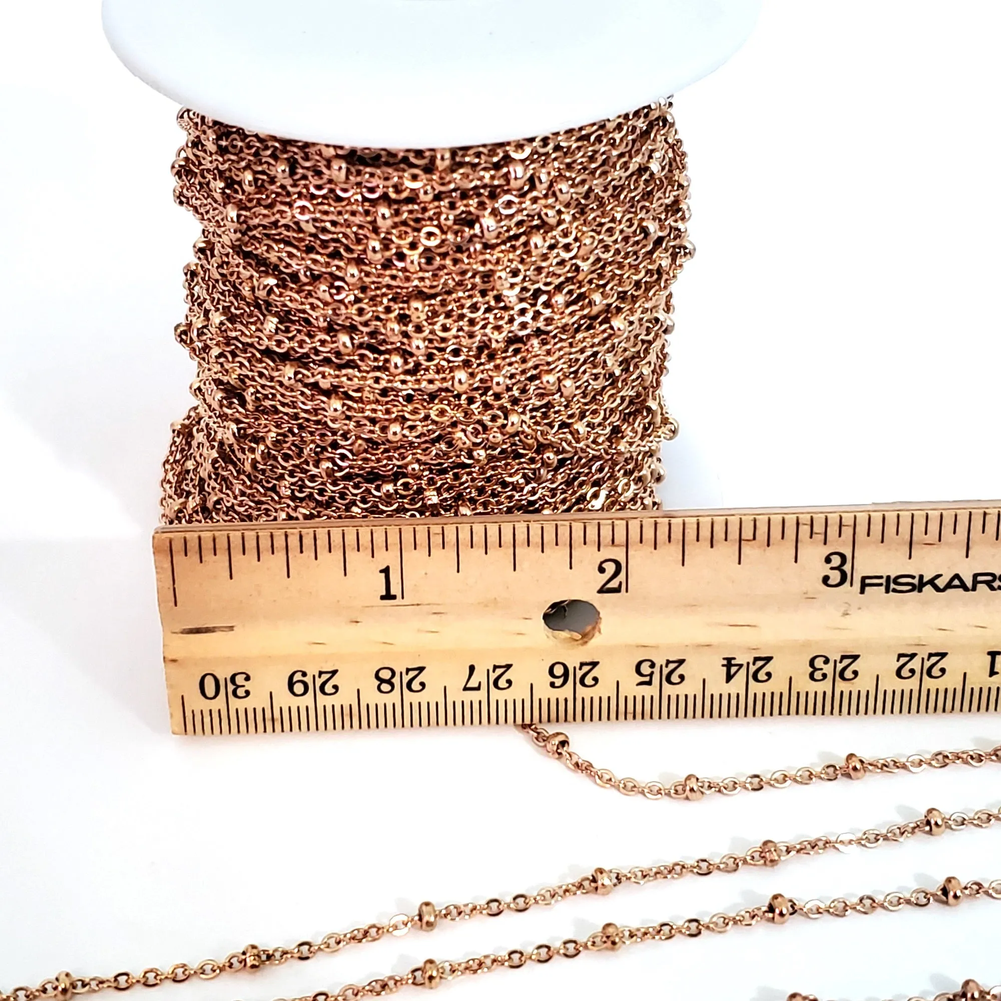 Rose Gold Stainless Steel Station Chain, Medium Weight Soldered Closed 2mm links with 2x3mm Rondelle Stations, Lot Size 50 meter