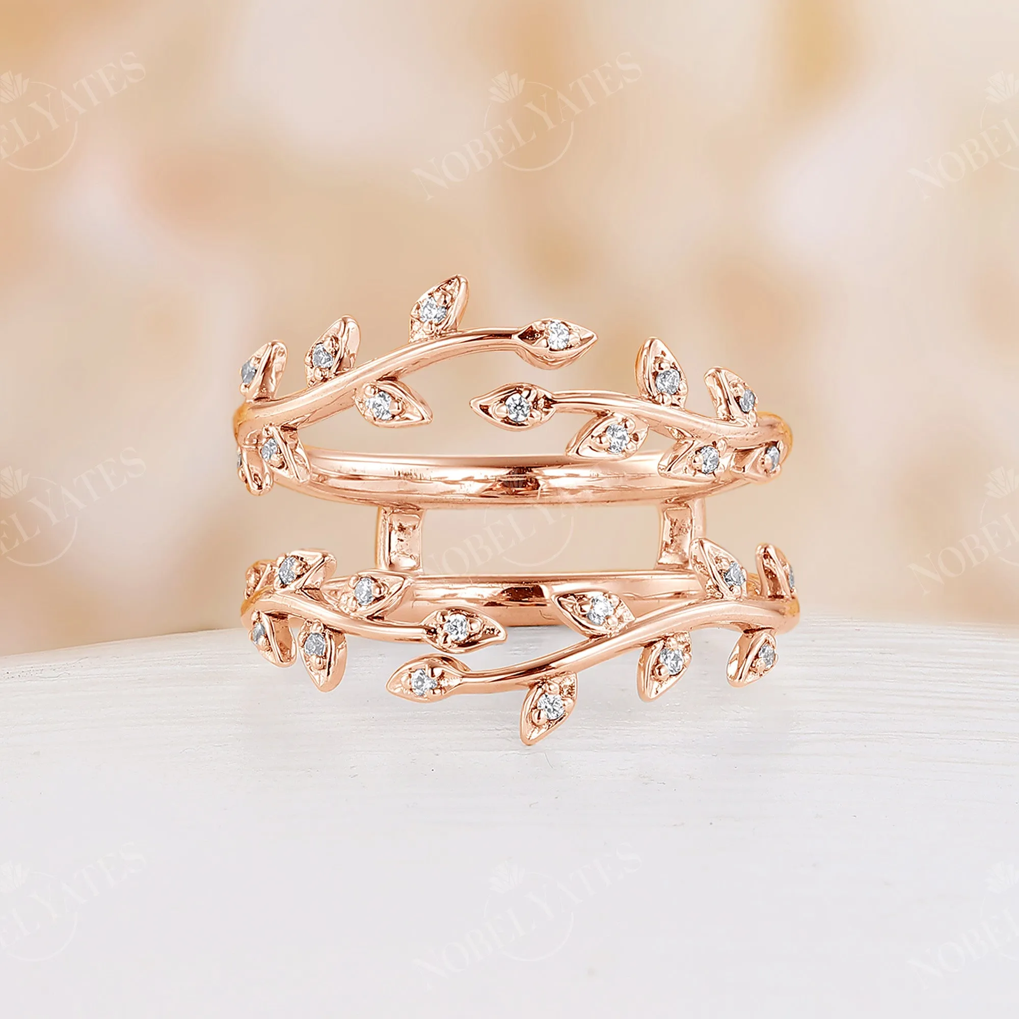 Round Moissanite Nature Inspired Twig Leaf Rose Gold Enhancer Wedding Band