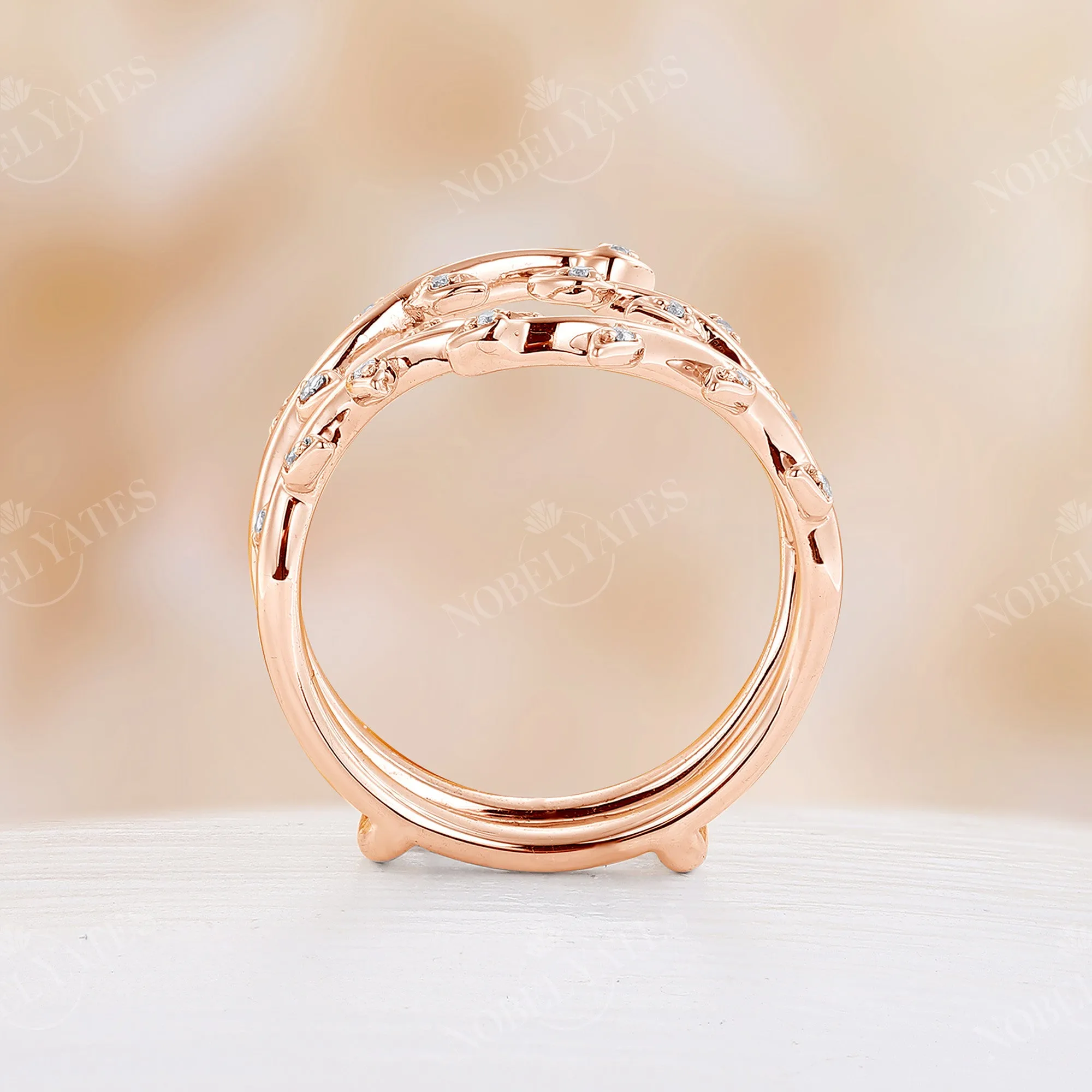 Round Moissanite Nature Inspired Twig Leaf Rose Gold Enhancer Wedding Band