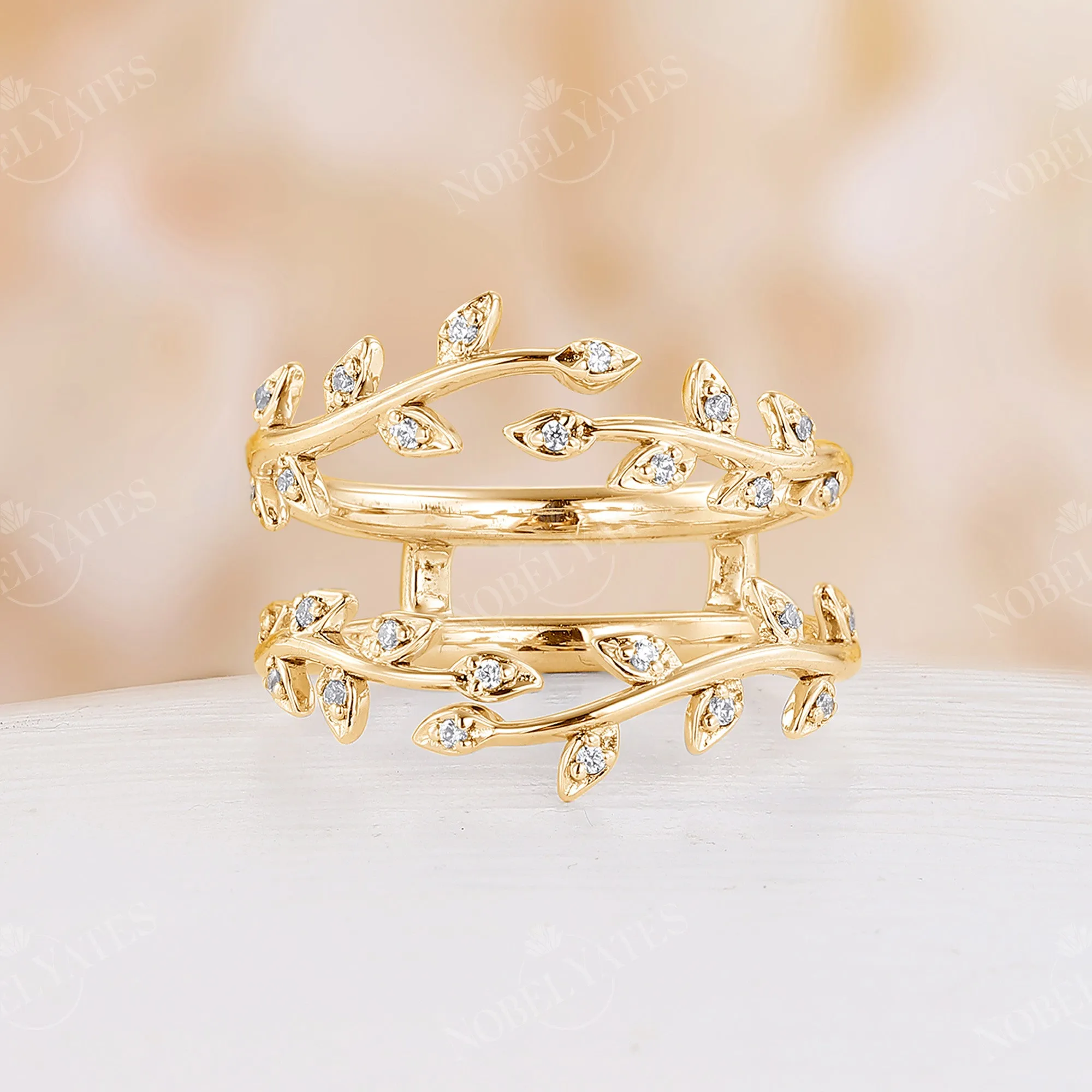 Round Moissanite Nature Inspired Twig Leaf Rose Gold Enhancer Wedding Band