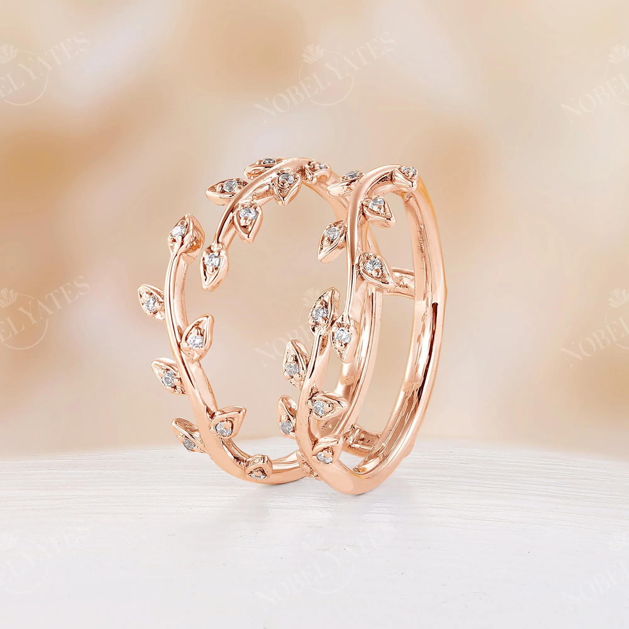 Round Moissanite Nature Inspired Twig Leaf Rose Gold Enhancer Wedding Band