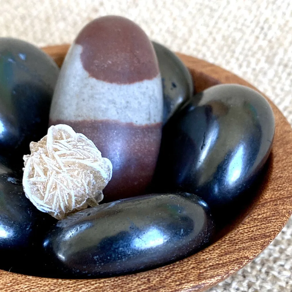 Shiva Lingam, Shungite, Selenite Rose in Custom Mahogany Wood Bowl