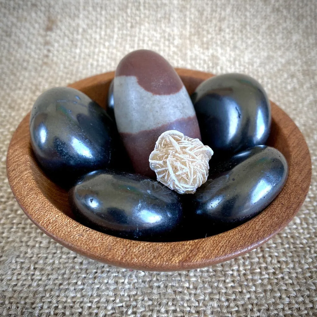 Shiva Lingam, Shungite, Selenite Rose in Custom Mahogany Wood Bowl