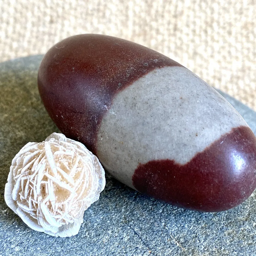 Shiva Lingam, Shungite, Selenite Rose in Custom Mahogany Wood Bowl