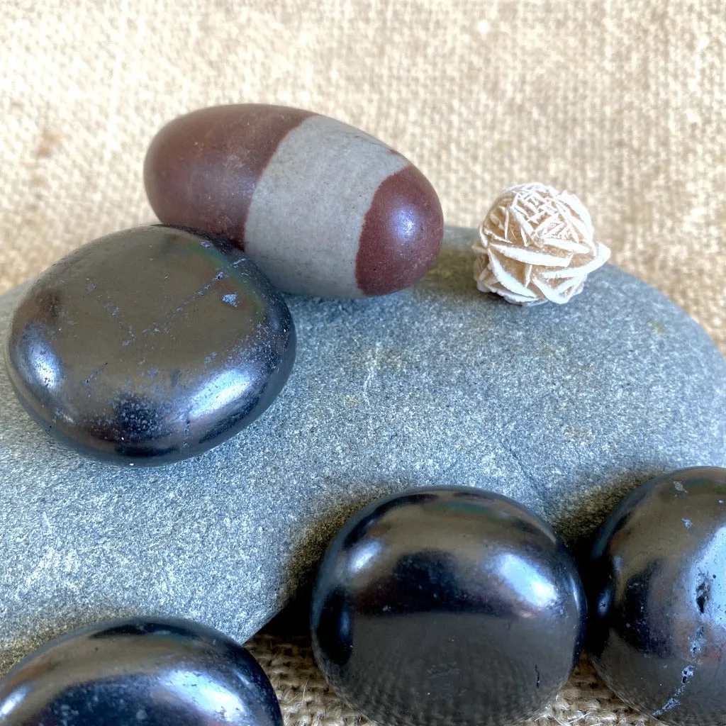 Shiva Lingam, Shungite, Selenite Rose in Custom Mahogany Wood Bowl