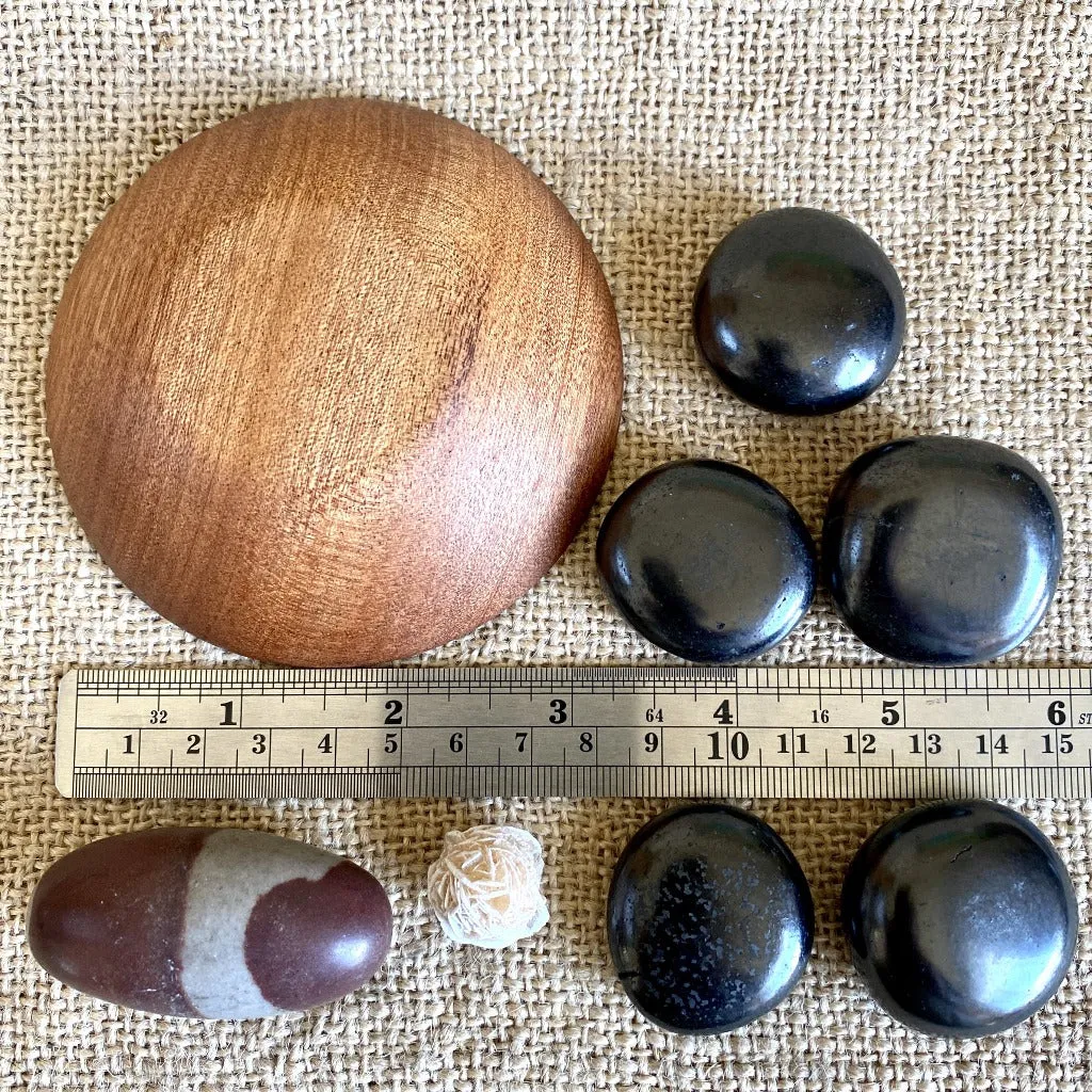 Shiva Lingam, Shungite, Selenite Rose in Custom Mahogany Wood Bowl