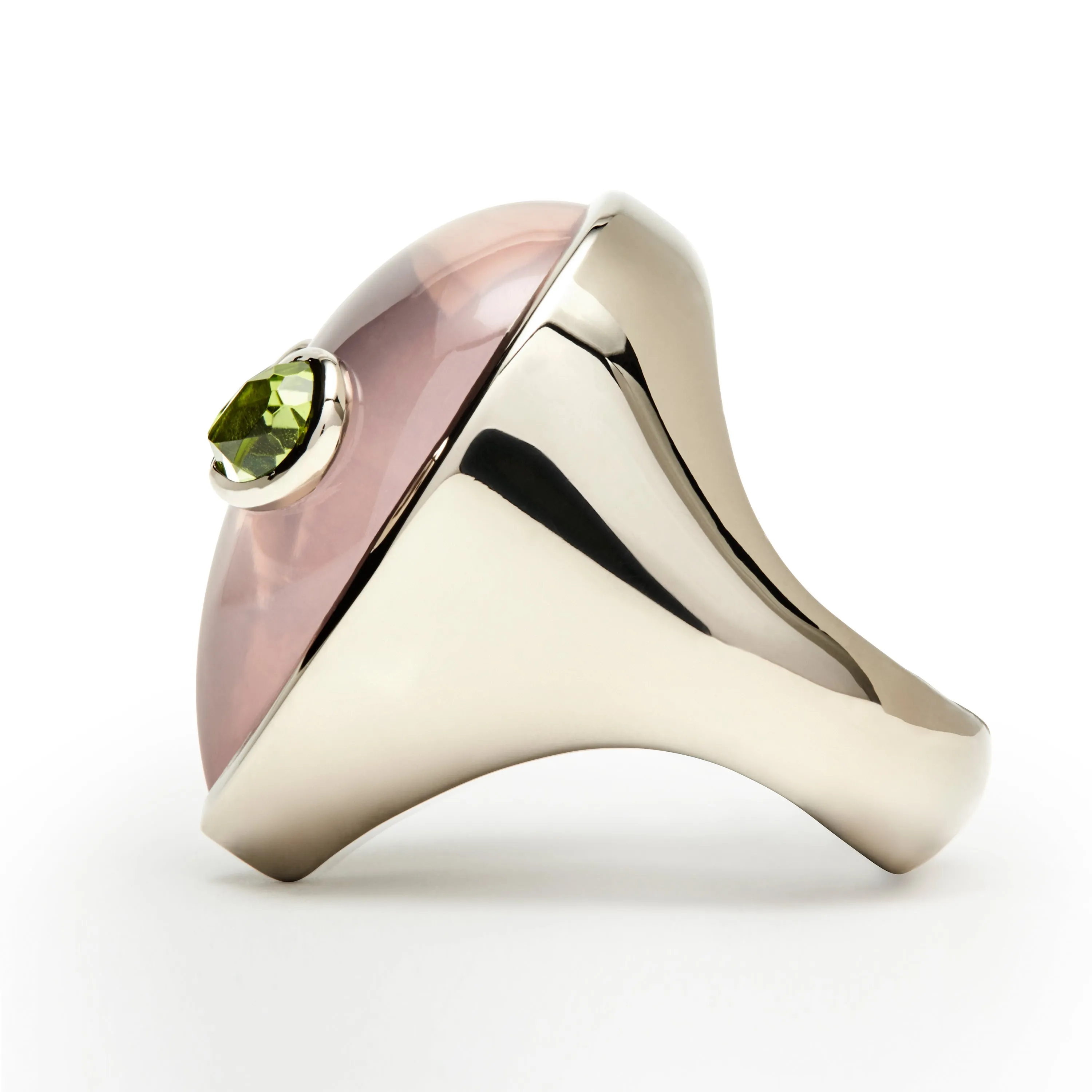 Signature alien ring white gold with rose quartz and peridot