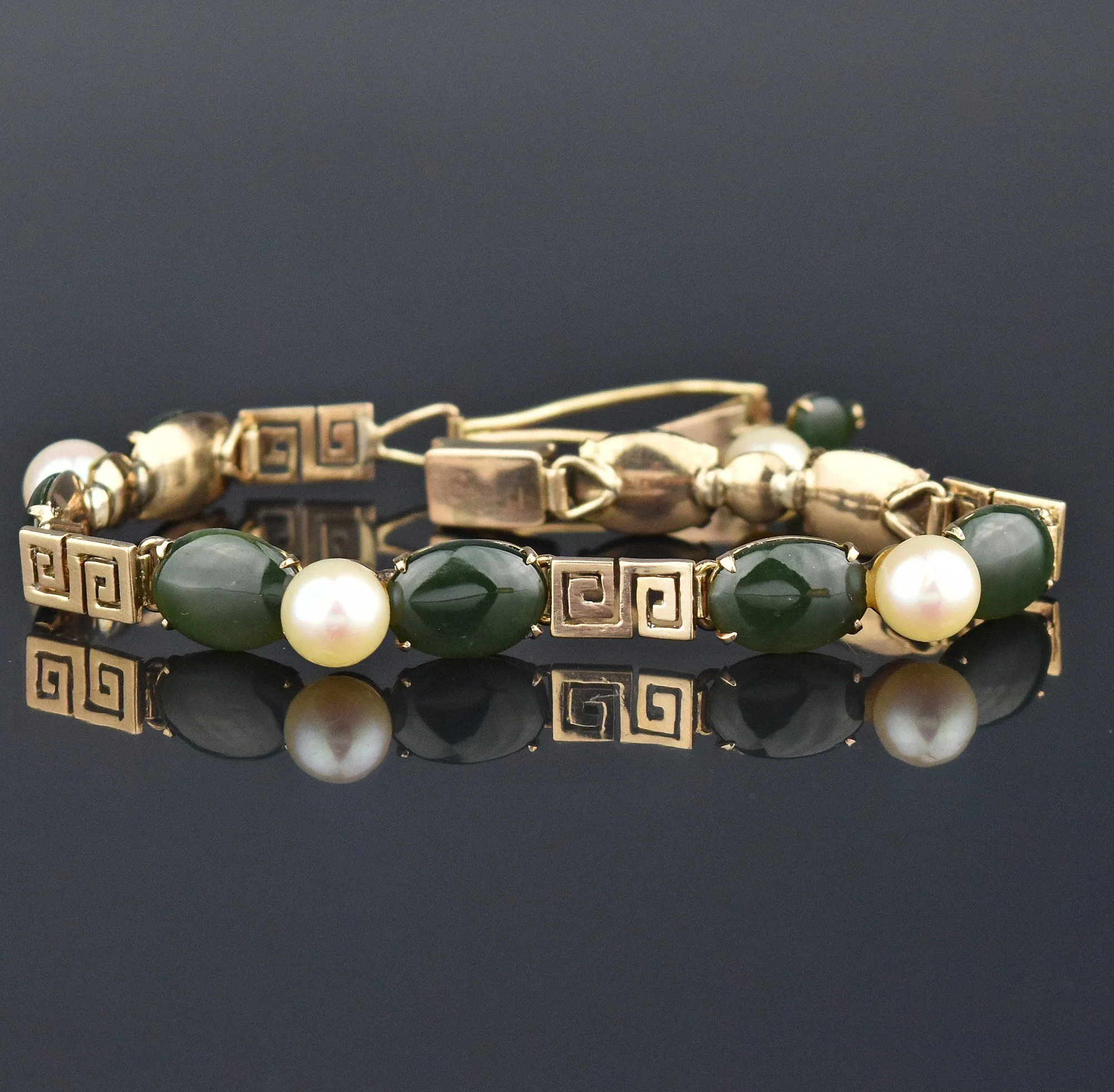 Solid 14K Gold Jade Pearl Butterfly Bracelet, Greek Key