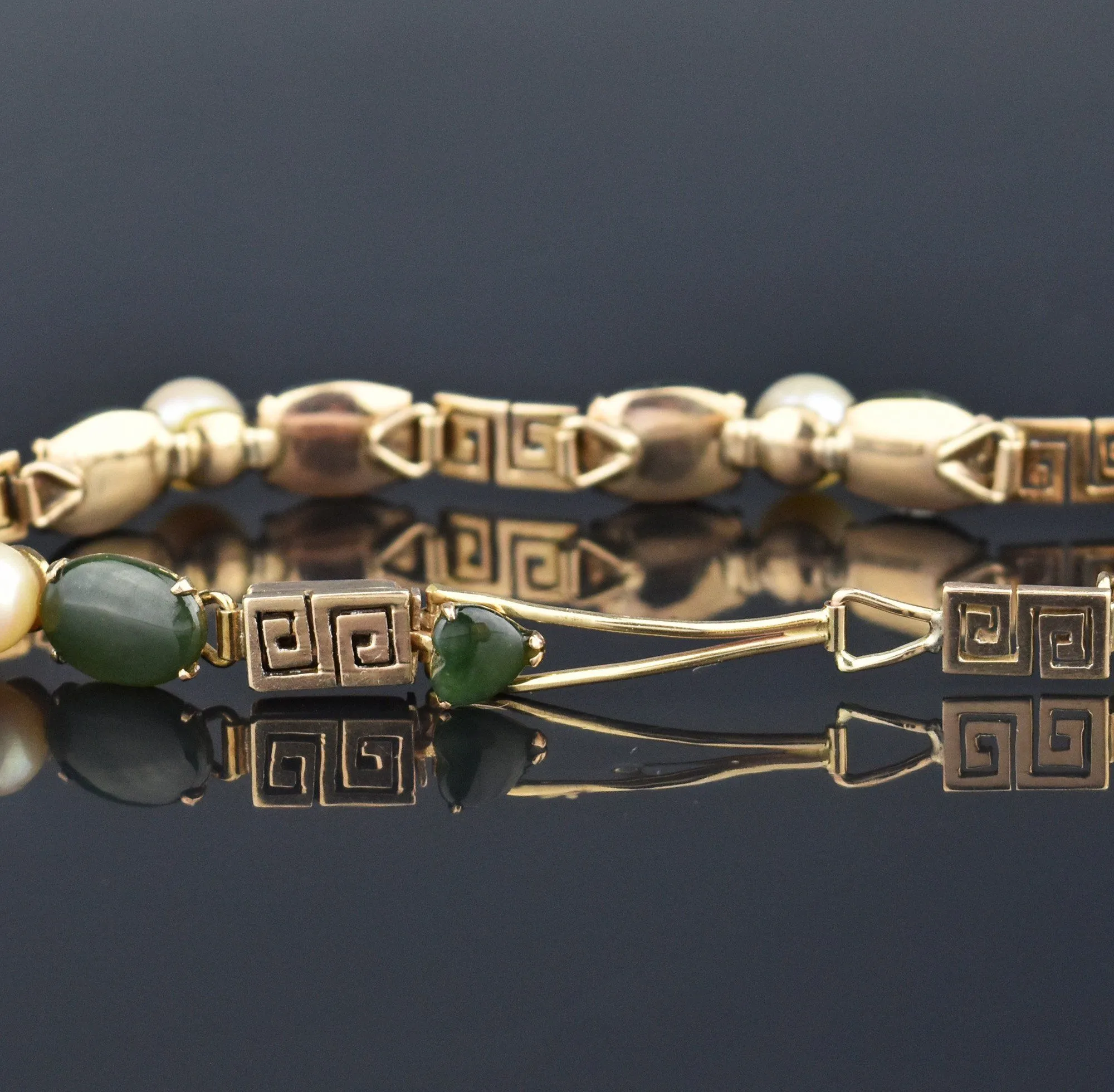 Solid 14K Gold Jade Pearl Butterfly Bracelet, Greek Key