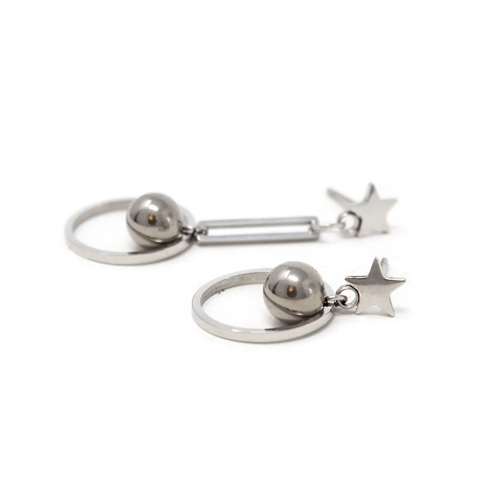 Stainless Steel Ball and Open Circle Drop Earrings