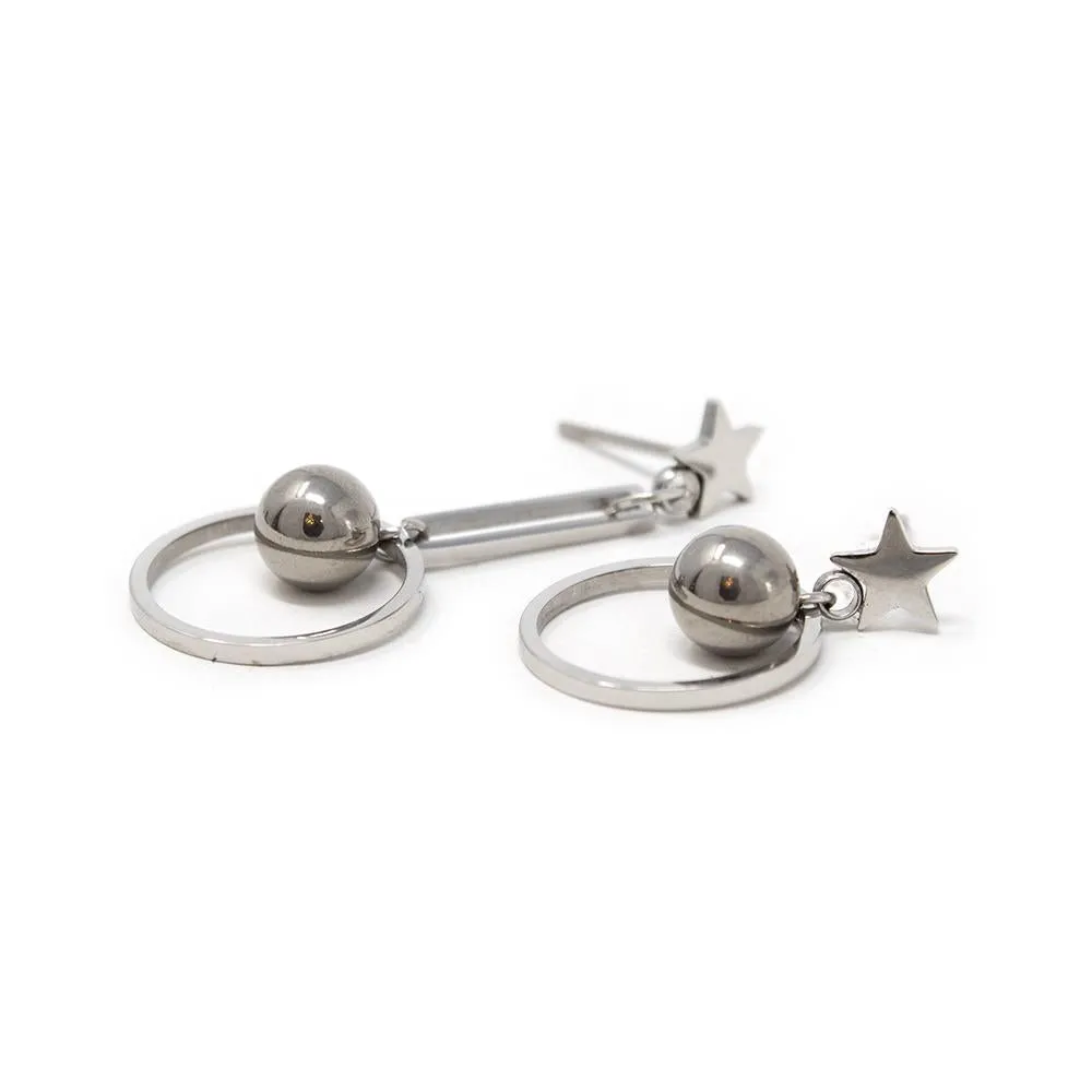 Stainless Steel Ball and Open Circle Drop Earrings