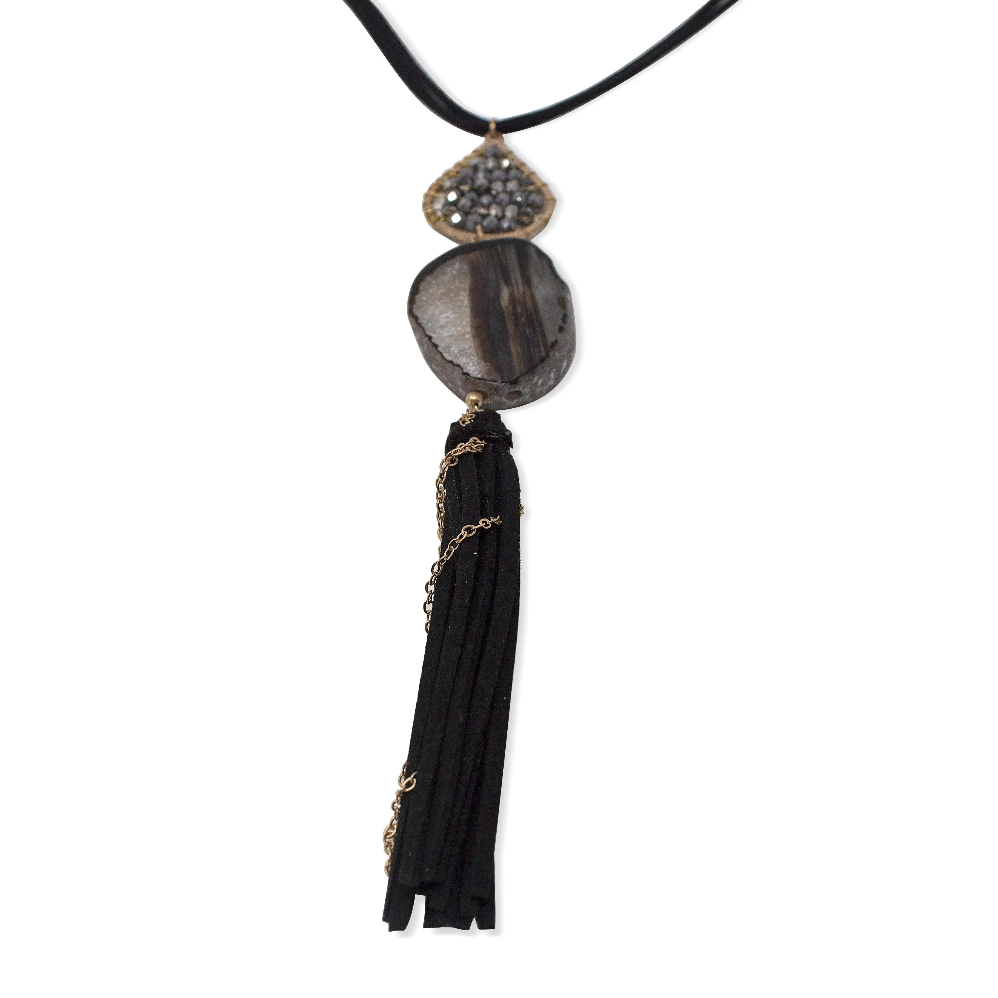 Suede Long Necklace With Semi Precious Stone and Tassel Black