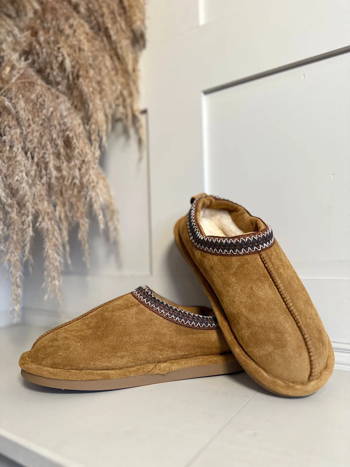 Tan Embroidered Trim Fluffy Slip Ons