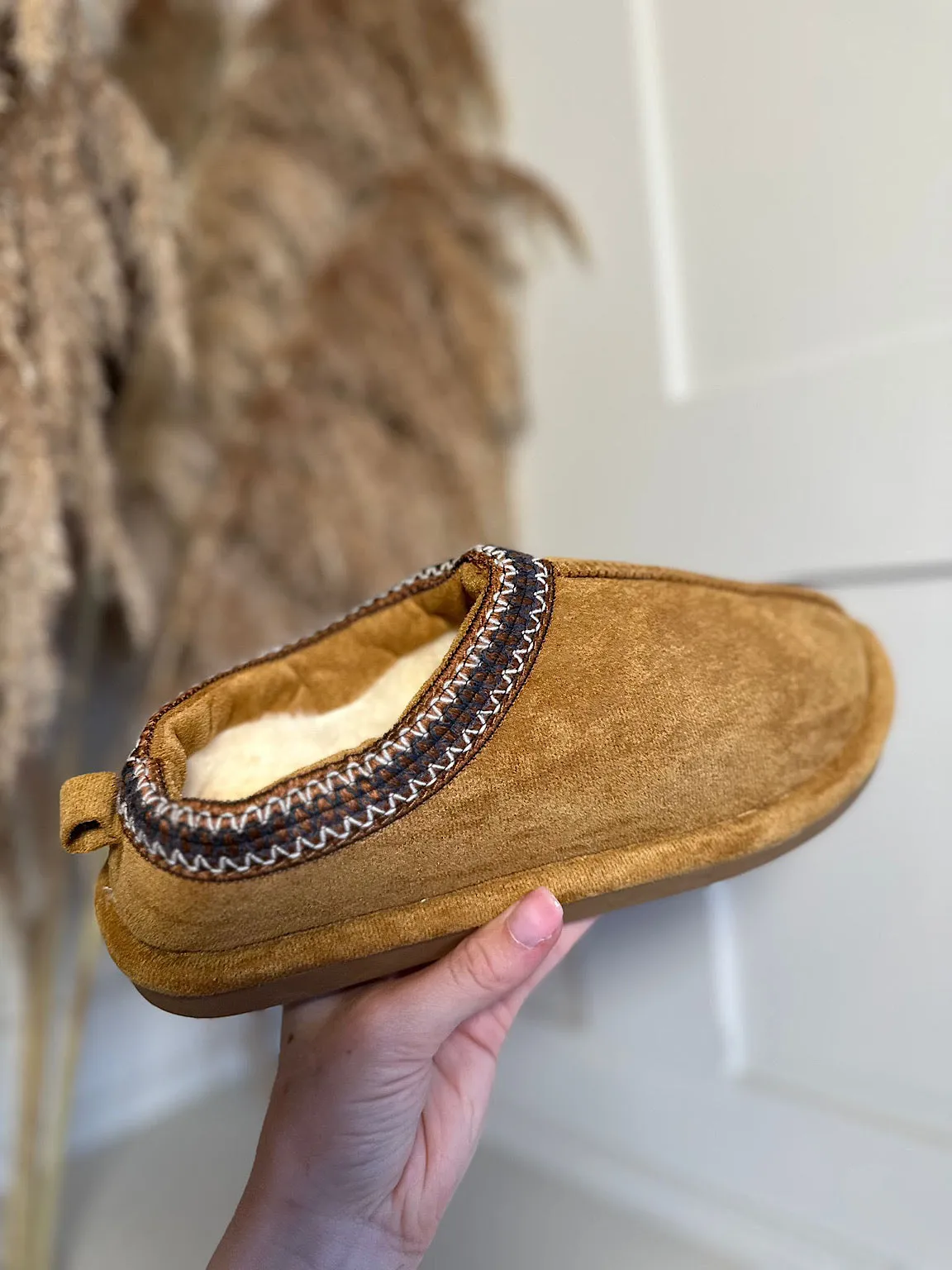 Tan Embroidered Trim Fluffy Slip Ons