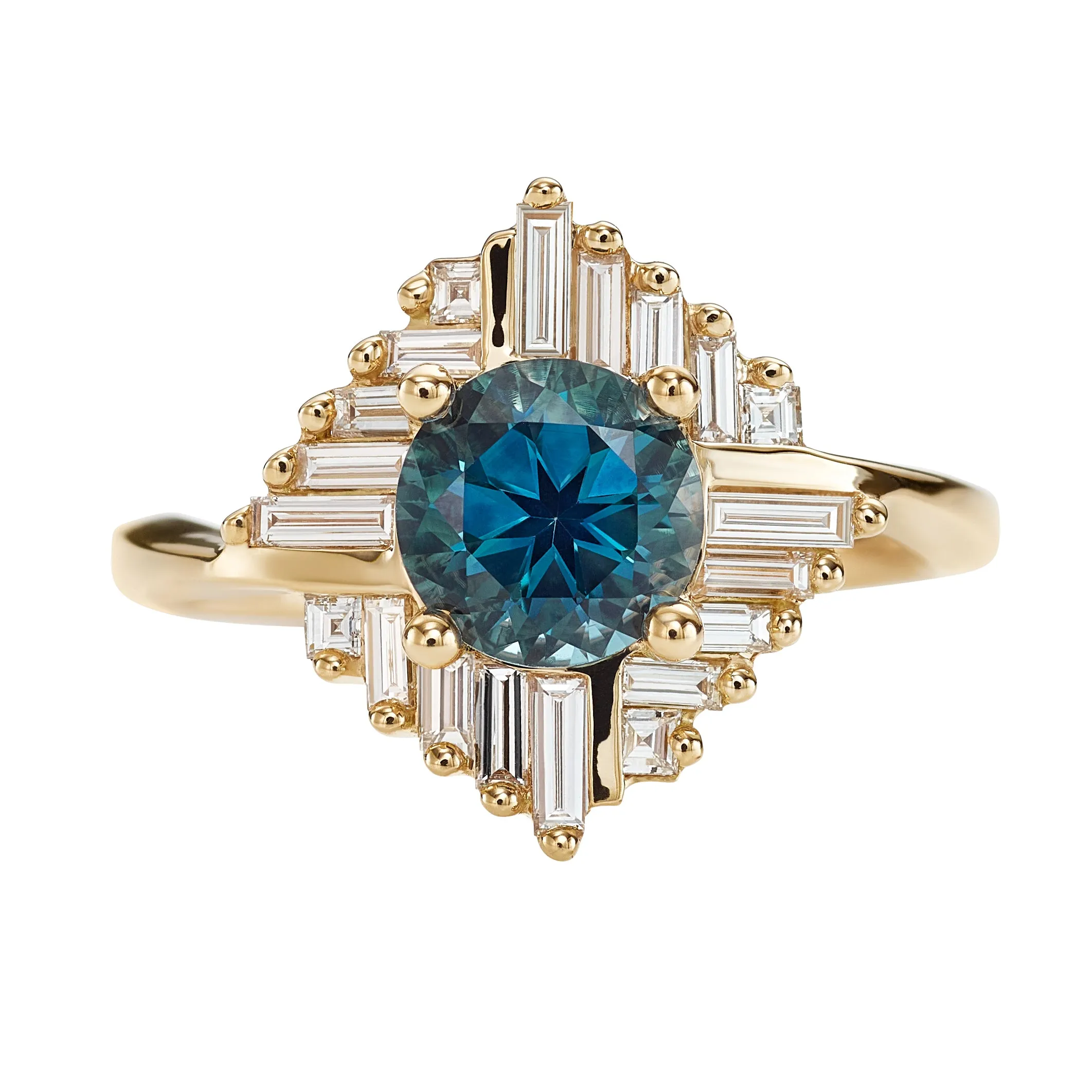 Teal Sapphire Oasis Engagement ring with Geometric Baguette Diamonds