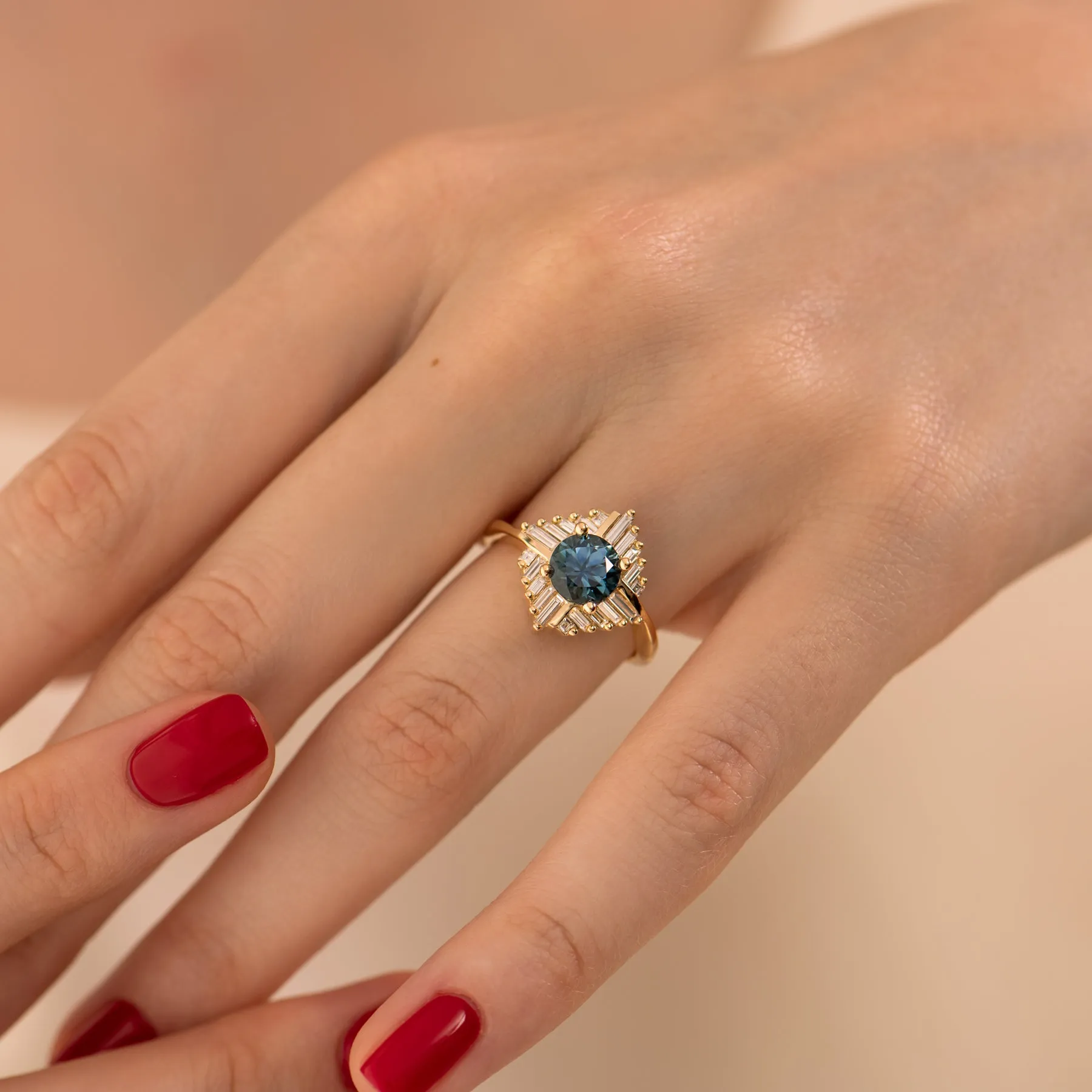 Teal Sapphire Oasis Engagement ring with Geometric Baguette Diamonds