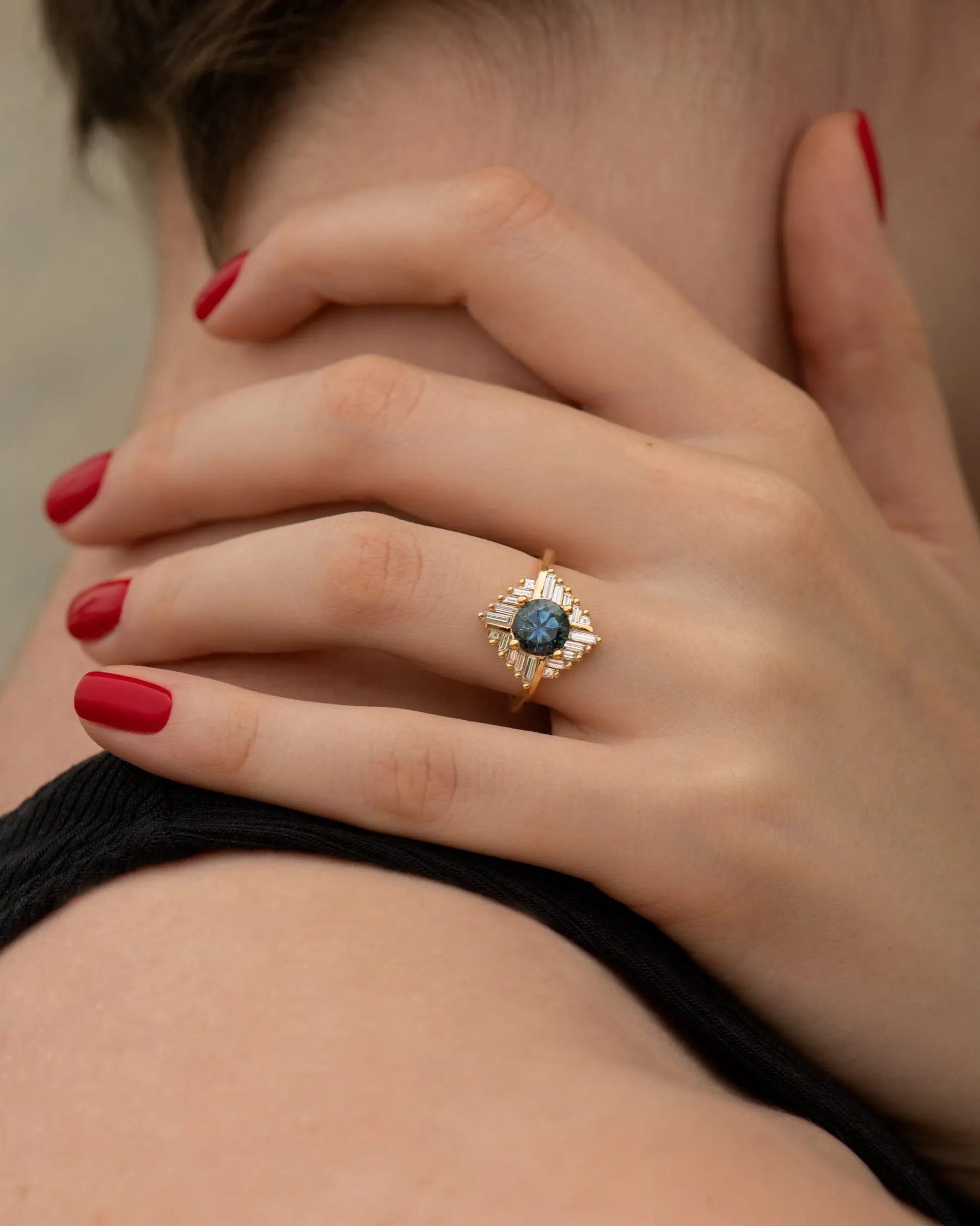 Teal Sapphire Oasis Engagement ring with Geometric Baguette Diamonds