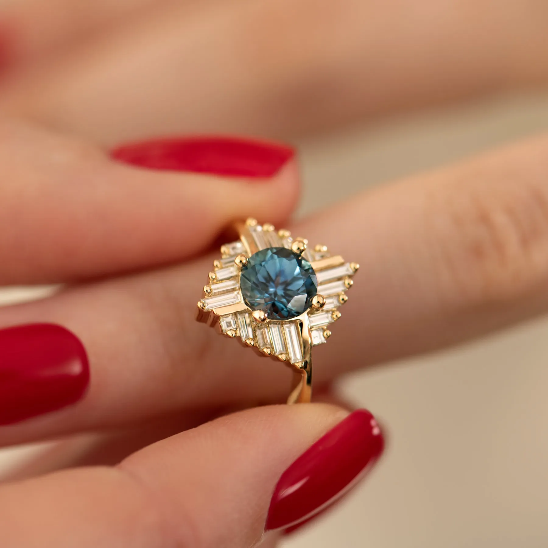 Teal Sapphire Oasis Engagement ring with Geometric Baguette Diamonds