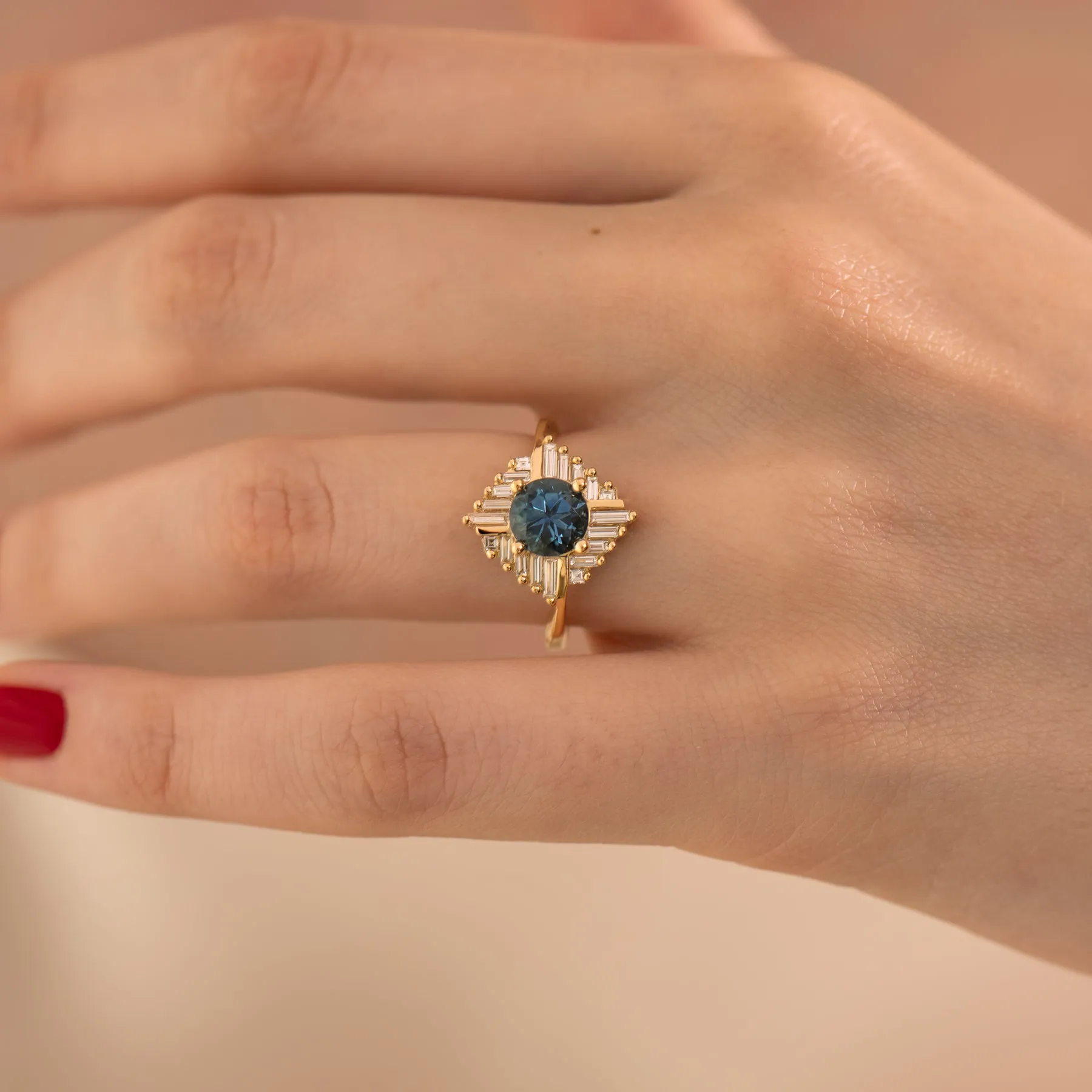 Teal Sapphire Oasis Engagement ring with Geometric Baguette Diamonds