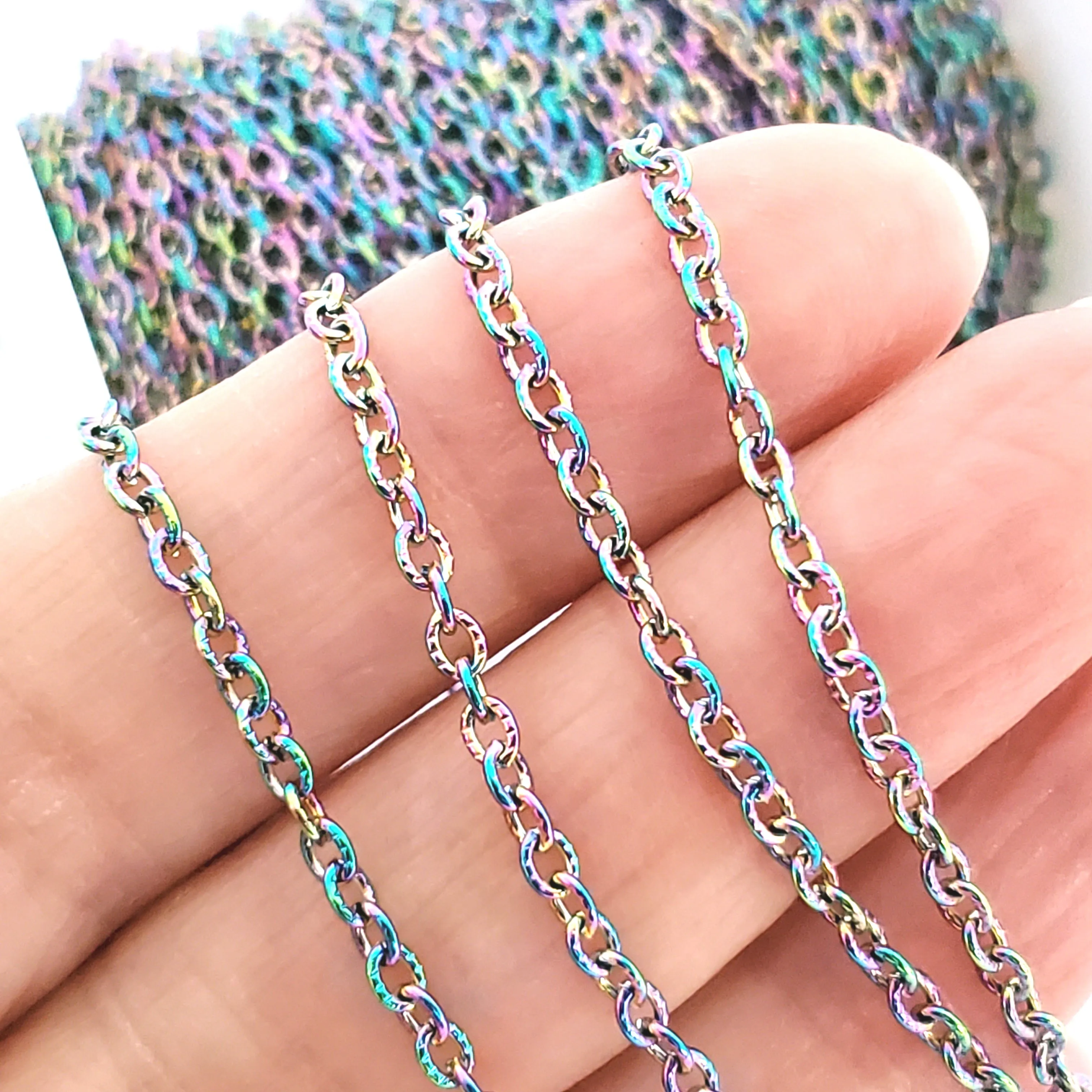 Textured Rainbow Stainless Steel Bulk Jewelry Making Chain 2.5x3mm Oval Links Chain, 30 Feet, #1031 MC