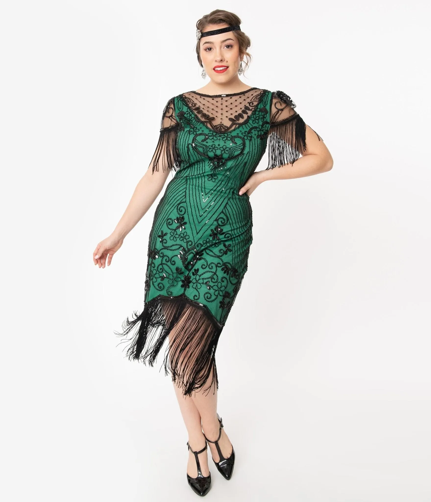 Unique Vintage 1920s Green & Black Beaded Nadine Flapper Dress