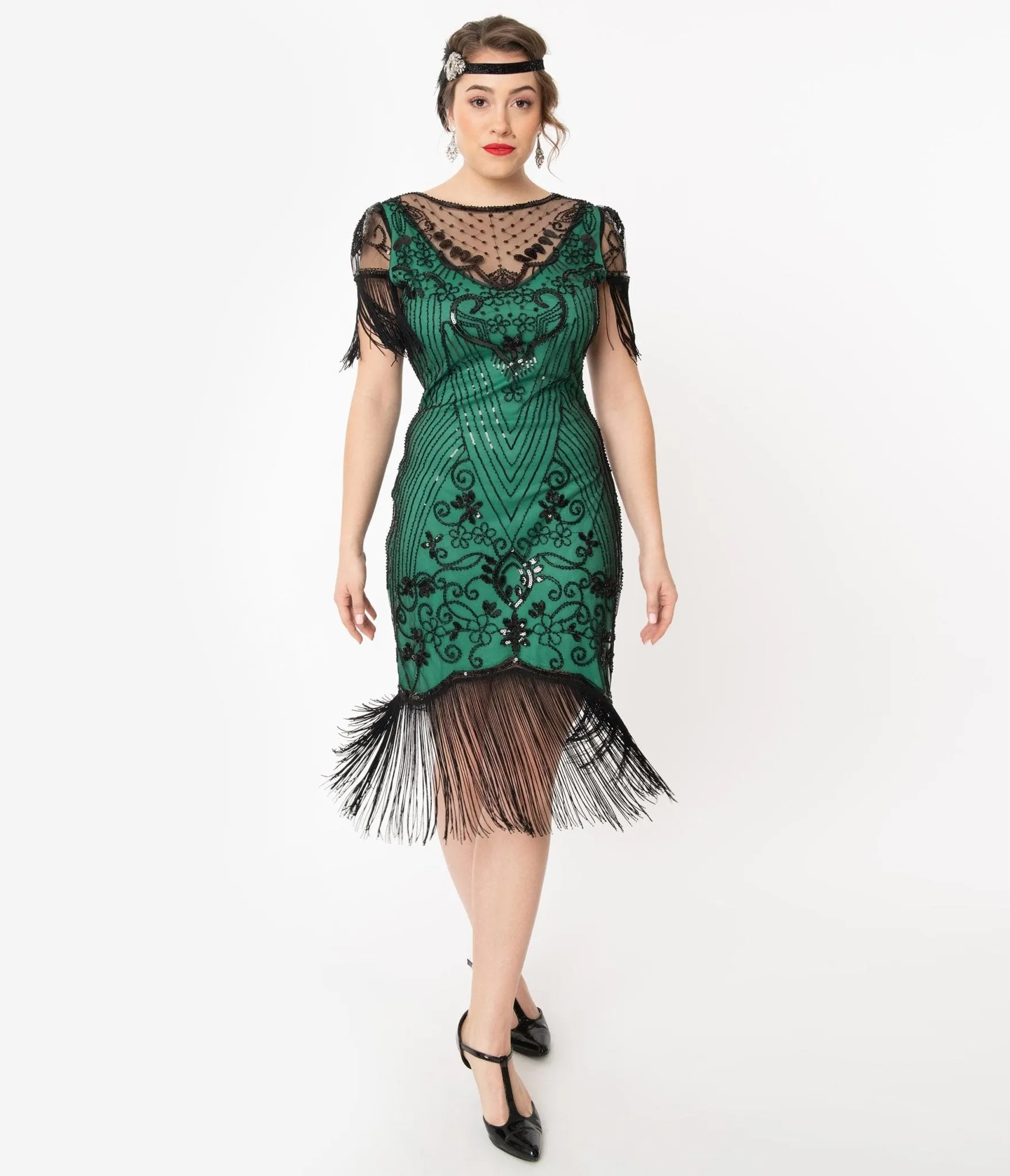 Unique Vintage 1920s Green & Black Beaded Nadine Flapper Dress