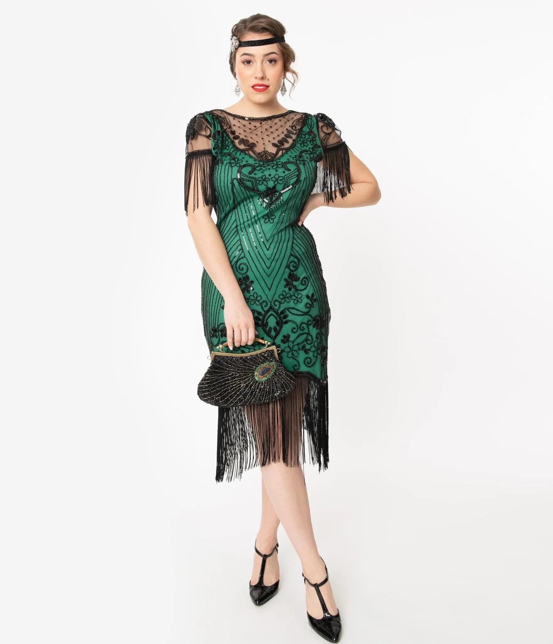 Unique Vintage 1920s Green & Black Beaded Nadine Flapper Dress