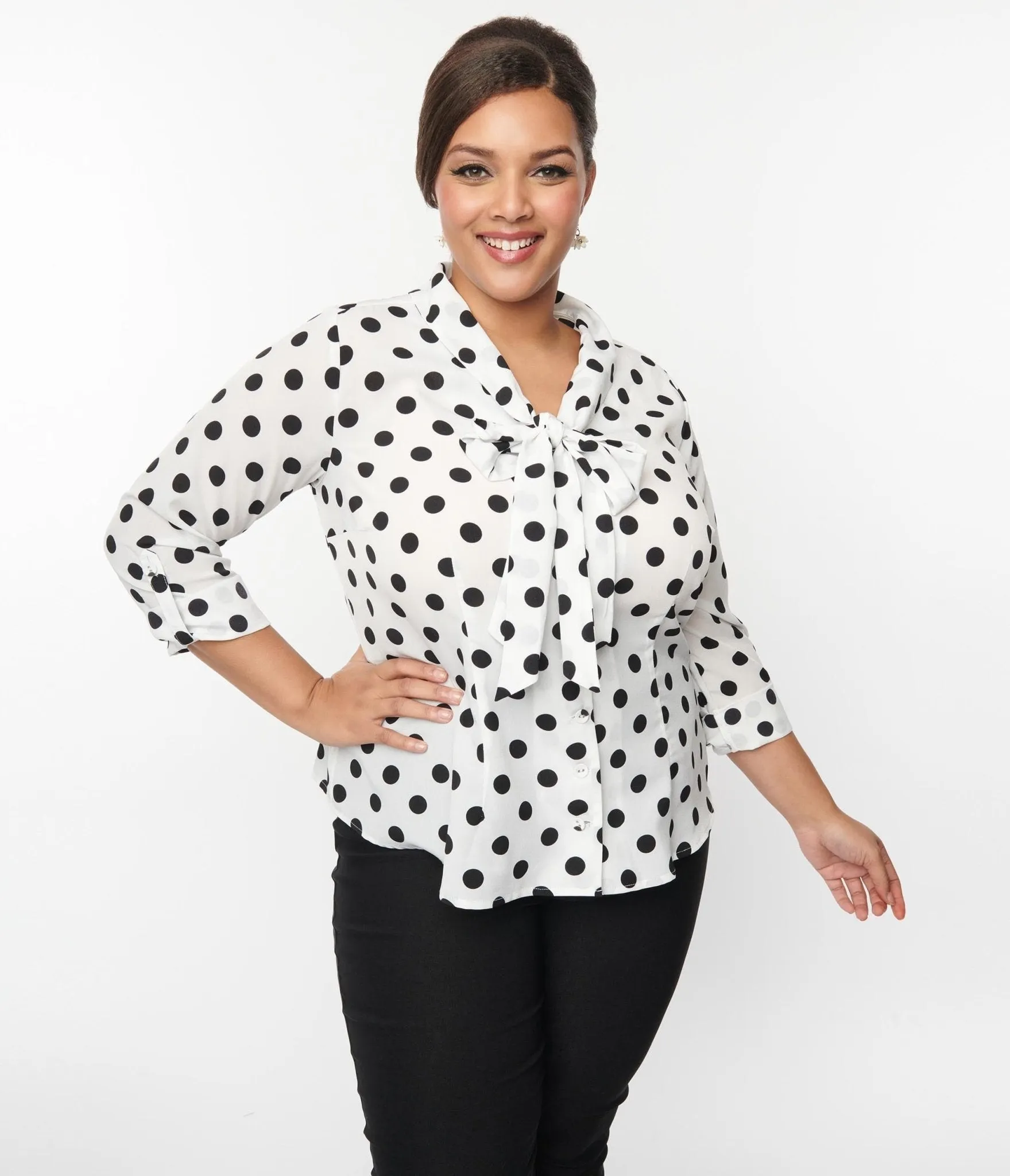 Unique Vintage Plus Size 1940s Sheer White & Black Dot Olivia Blouse