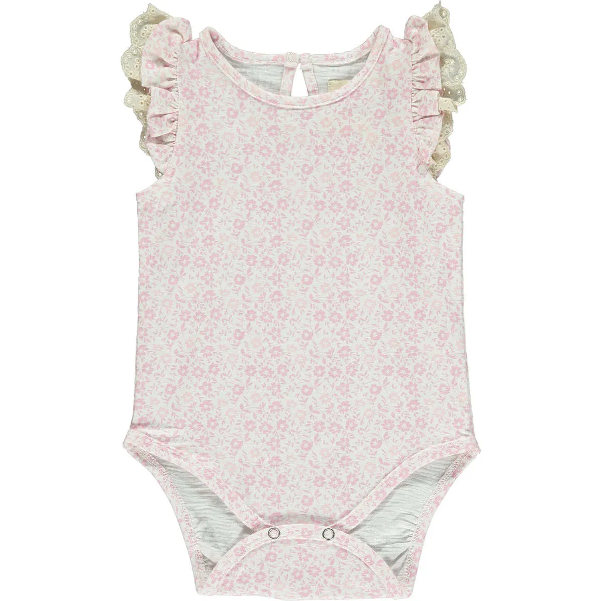 Vignette Amber Ruffle Sleeve Lace Trim Onesie, Pink Ditsy Floral