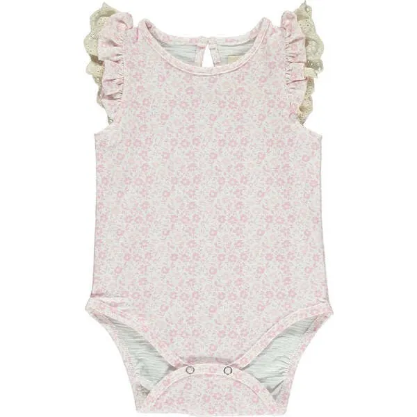 Vignette Amber Ruffle Sleeve Lace Trim Onesie, Pink Ditsy Floral