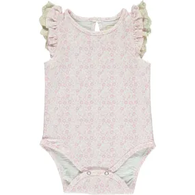 Vignette Amber Ruffle Sleeve Lace Trim Onesie, Pink Ditsy Floral