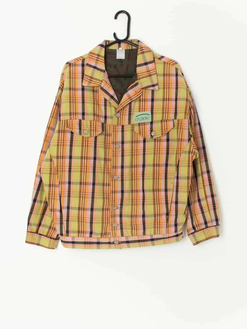 Vintage 90s Oxbow jean jacket, yellow denim with pink and orange plaid print – Large / XL