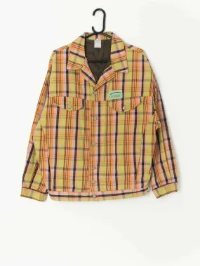 Vintage 90s Oxbow jean jacket, yellow denim with pink and orange plaid print – Large / XL