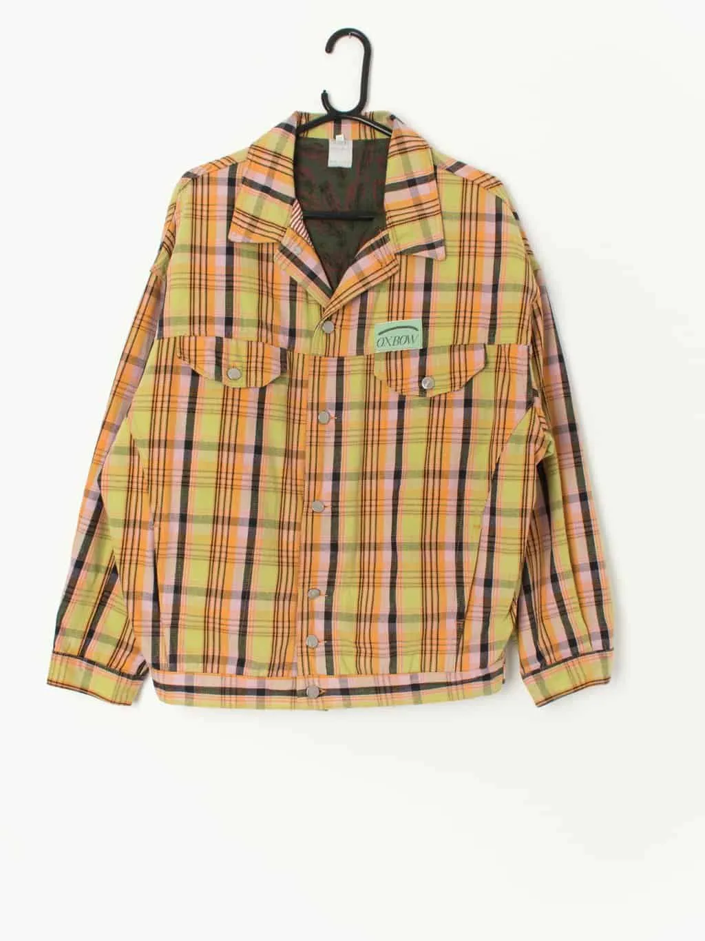 Vintage 90s Oxbow jean jacket, yellow denim with pink and orange plaid print – Large / XL