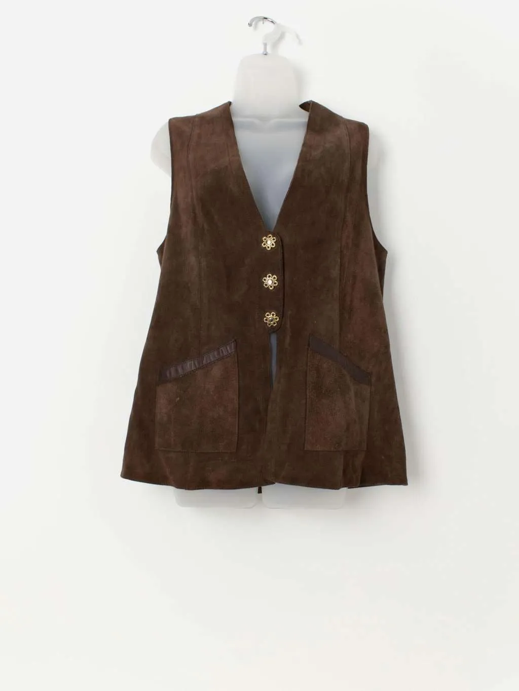 Vintage long suede vest in brown with floral buttons – Medium / Large