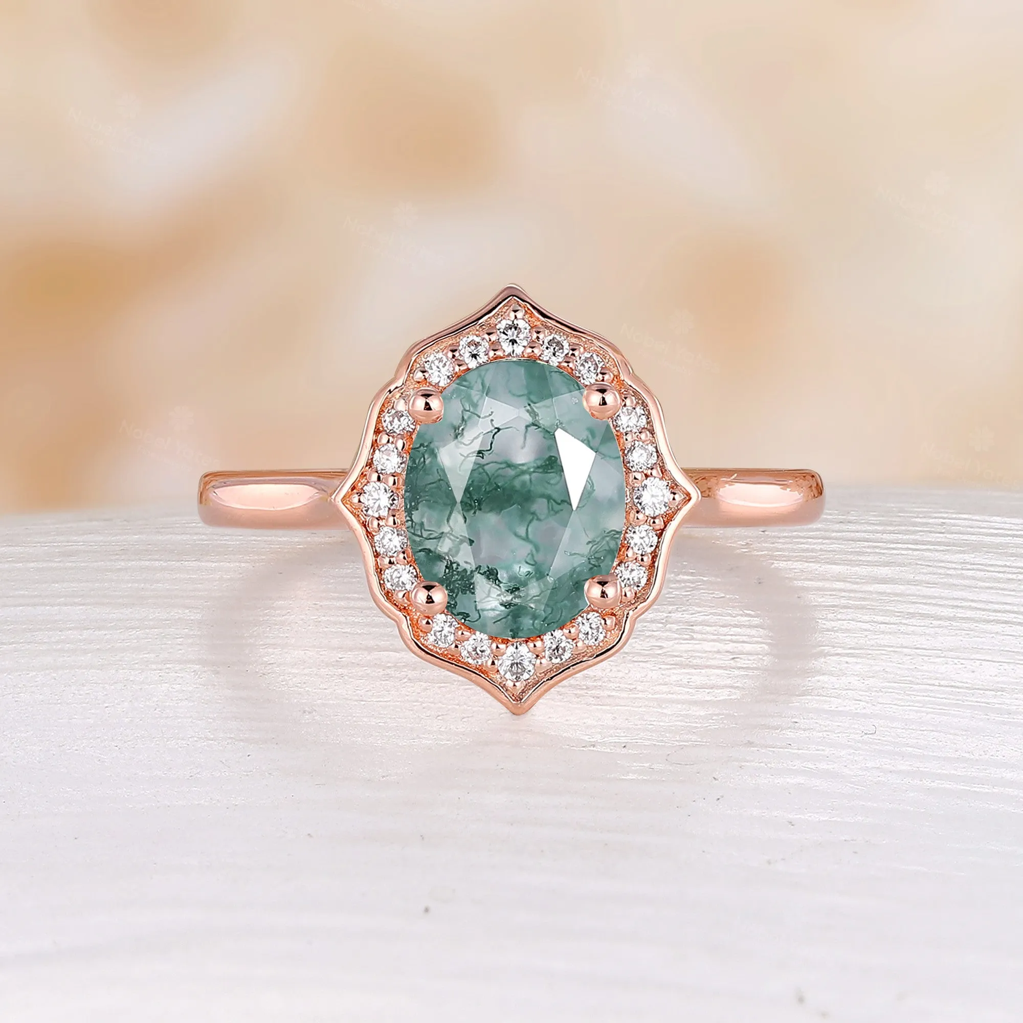 Vintage Oval Shape Moss Agate Engagement Ring Rose Gold Halo