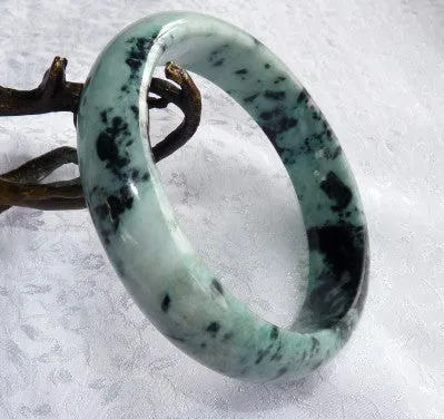 Yang Peppery Black Veins on Green Burmese Jadeite Bangle Bracelet 63mm + Certificate (4982)