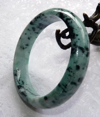 Yang Peppery Black Veins on Green Burmese Jadeite Bangle Bracelet 63mm + Certificate (4982)